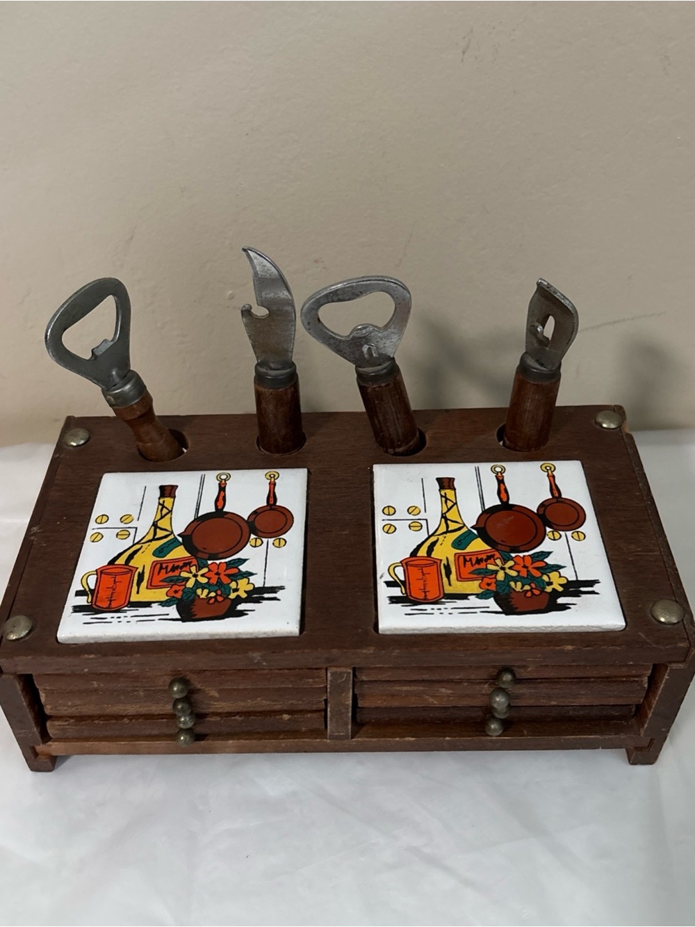 Vtg 1970's wooden Barware caddy Set ceramic tiles 4pcs tools and 8 pcs coasters